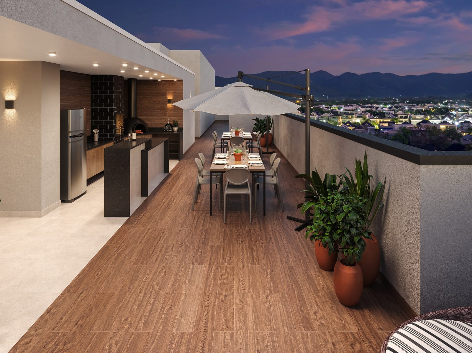 Perspectiva do rooftop com área gourmet