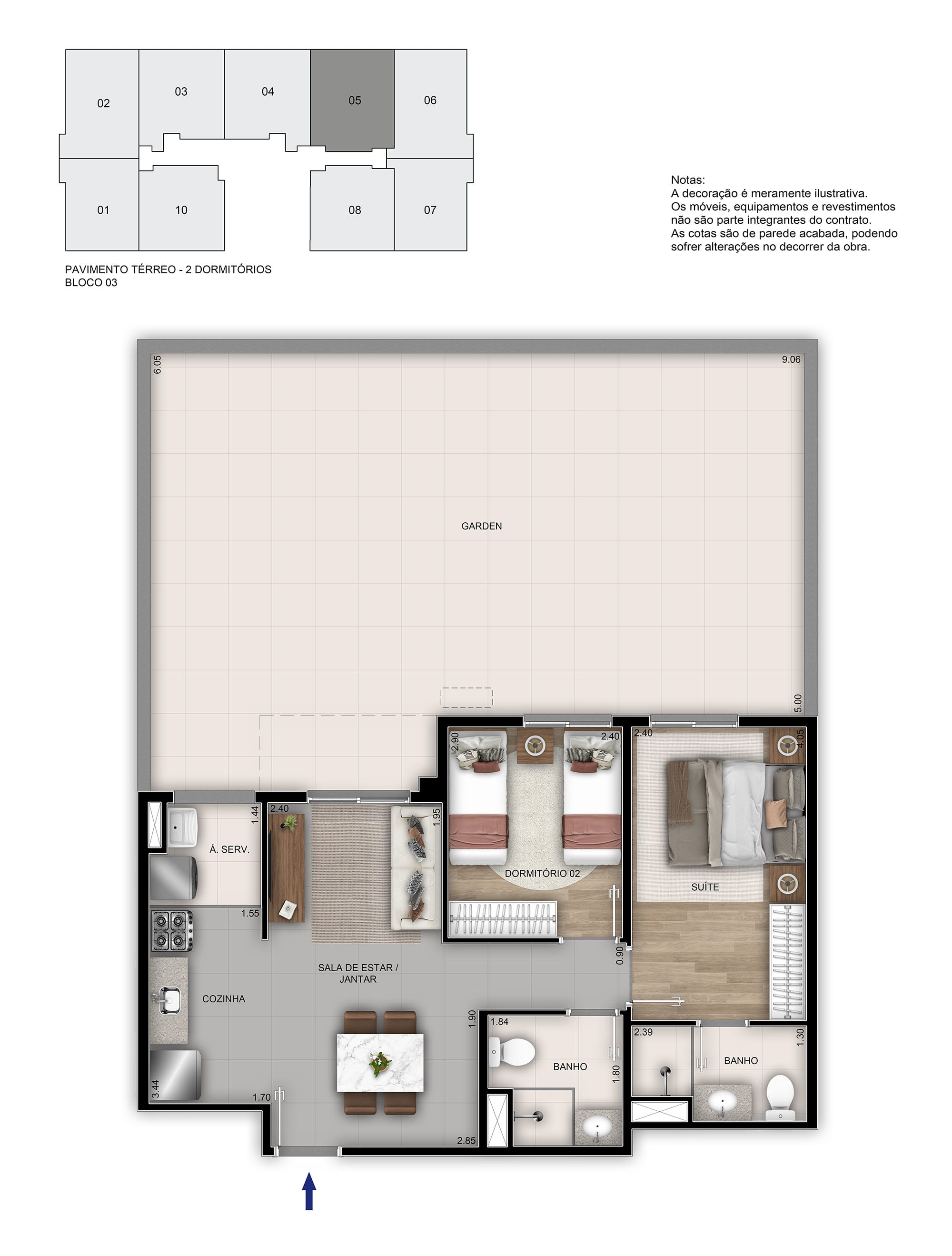 Planta de 2 quartos com garden do Américas 19